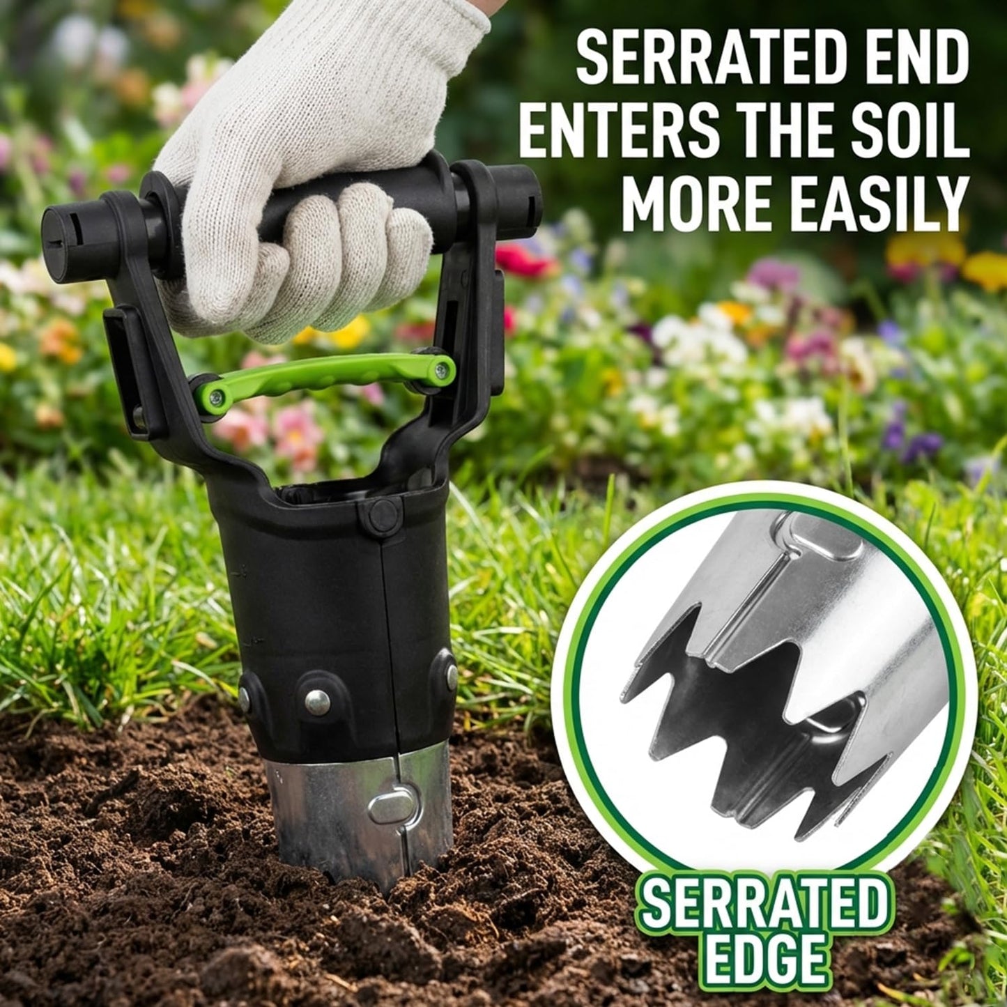 H HUGELEAF Garden Bulb Planter Tool 1-5 Inch Depth, Heavy Duty Galvanized Steel with Serrated Edge & Comfort Grip Handle for Planting Tulip Daffodil Dahlia Onion