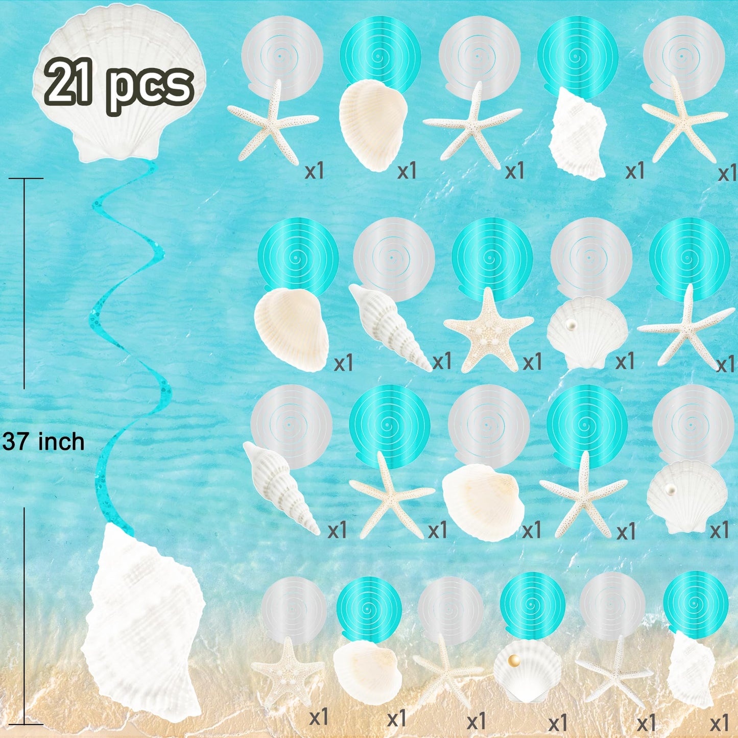 Seashell Hanging Swirls 21Pcs Coastal Beach Birthday Party Decoration Starfish Seashell Ceiling Swirls Decor Ocean Seashell Conch Cutout Hanging Streamers for Nautical Wedding Party Supplies