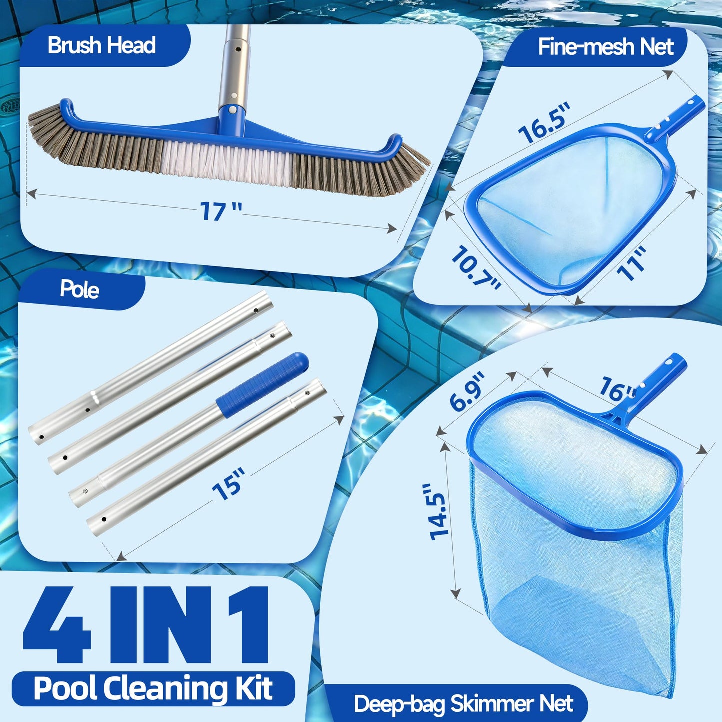 KingSom Swimming Pool Cleaning Kit Includes Professional Leaf Skimmer Net,Half-Depth Fine Mesh Net,17" Pool Brush Head,55" Adjustable Aluminum Pole,Pool Cleaning Equipment for Above Ground Pools