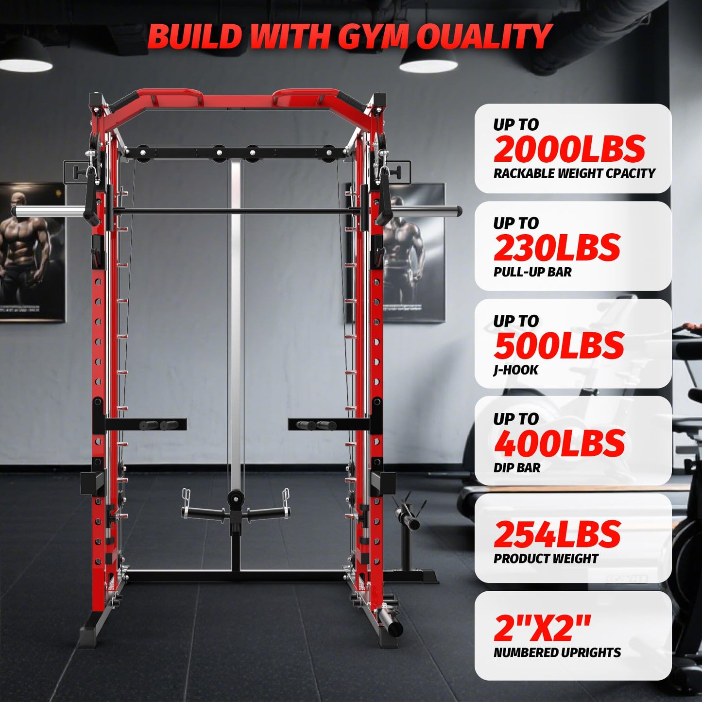 GarveeLife Power Cage, Smith Machine Squat Rack, Heavy Duty Power Rack for Home Gym with Pulley System, Dip Bar, LAT Pulldown, Multifunctional Squat Rack for Home Gym, Red