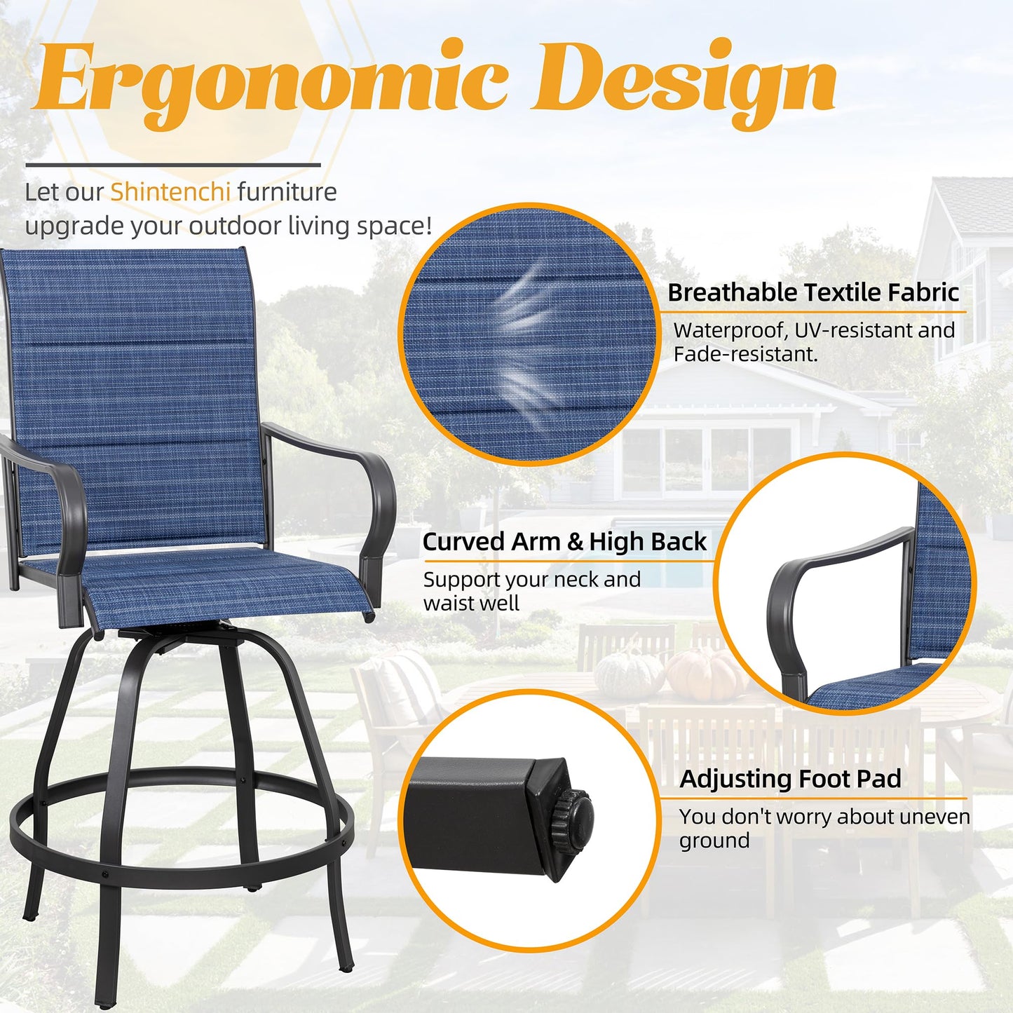 Shintenchi 4 Piece Patio Swivel Bar Chairs, All Weather Padded Textile Outdoor Metal Bar Stools Patio Chairs Set of 4, High Top Bistro Set Furniture for Balcony, Backyard, Lawn Garden, Deck, Deep Blue