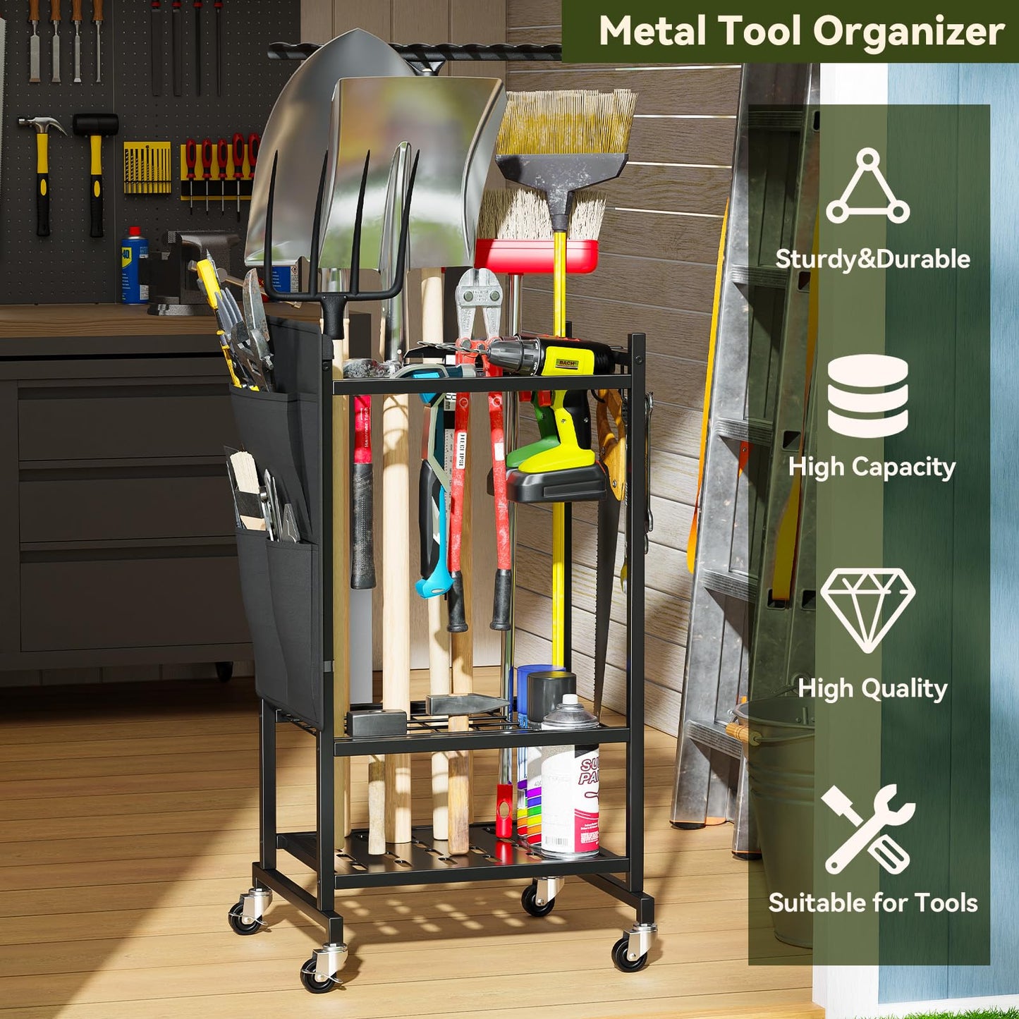 MWQ Garden Tool Organizer with Wheels, Rolling Yard Tool Tower Rack Carts for Garage Organization with Large Tool Bags with Pockets, Up to 35 Long-Handled Tools/Rakes/Brooms for Shed, Outdoor, Black