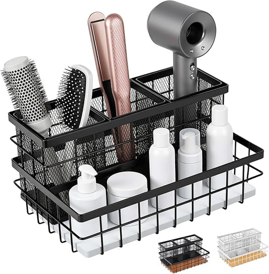 AceOrbit 1 Pcs 1pcs Hair Tool Organizer Countertop Breathable Metal Bamboo Hot Tools Vanity Organizer Under Sink Bathroom Hair Dryer Holder Countertop Brush Comb Holder Tray (White Bamboo,Black)