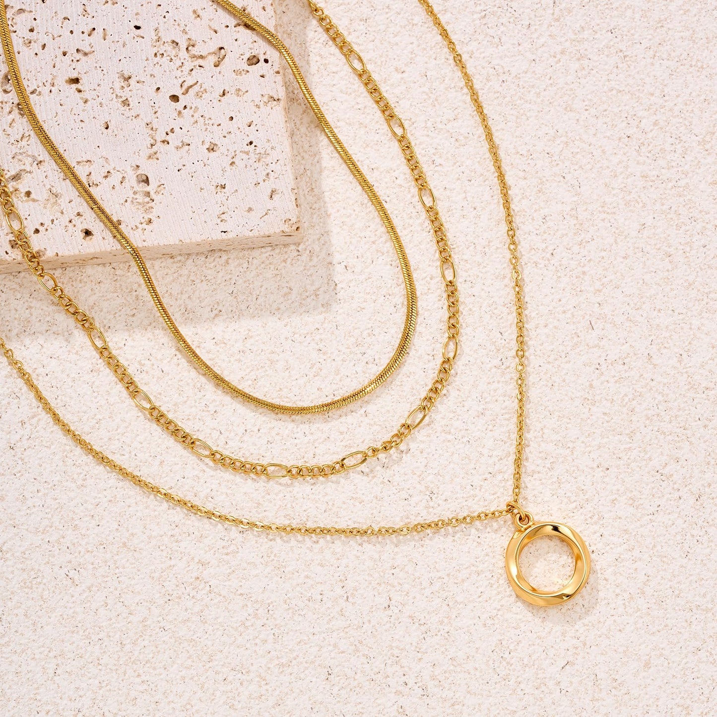 LANE WOODS 3-Piece Layered Gold Necklace Set for Women, 14k Gold Plated Dainty Circle Pendant Choker Stackable Jewelry, Adjustable Trendy Necklaces Gift for Wife Mom