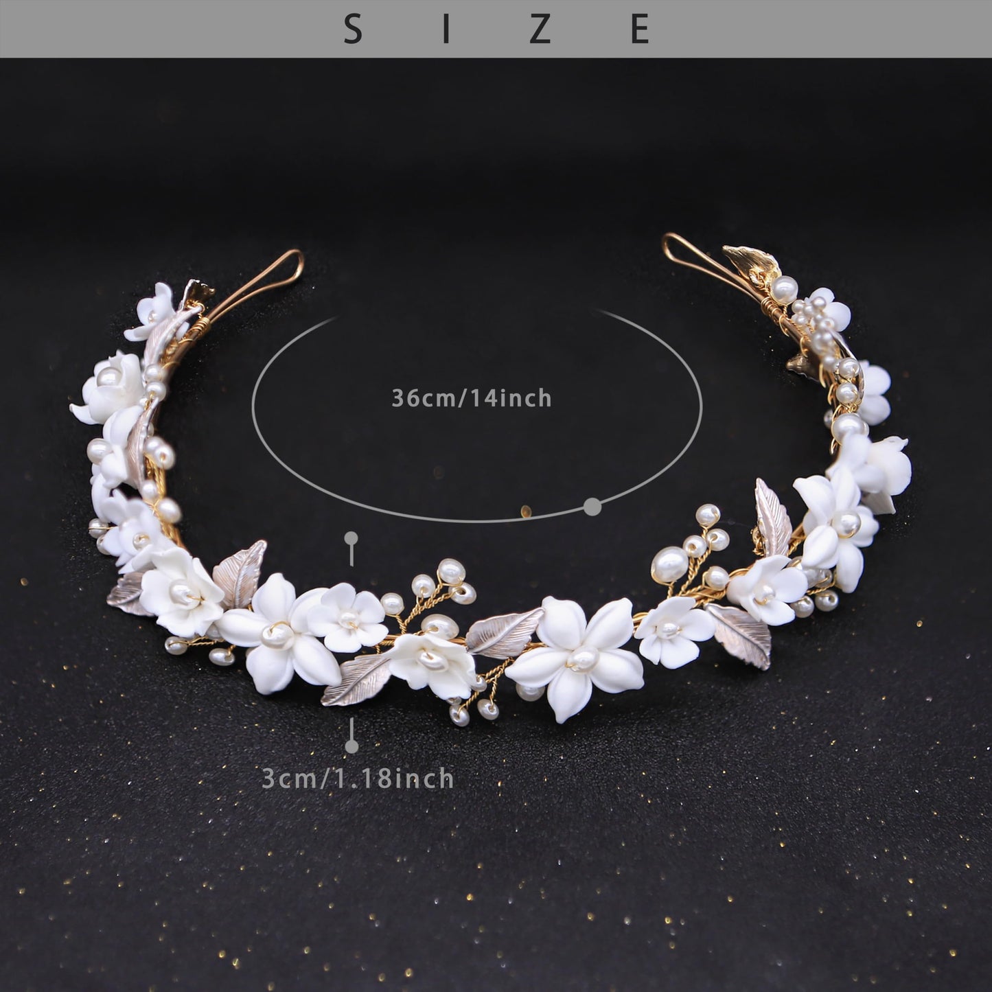 Oriamour Wedding Headbands With Ceramic Flowers Bridal Wedding Headpieces For Women Girls Pearls Headband With Leaves Desgin (Gold)