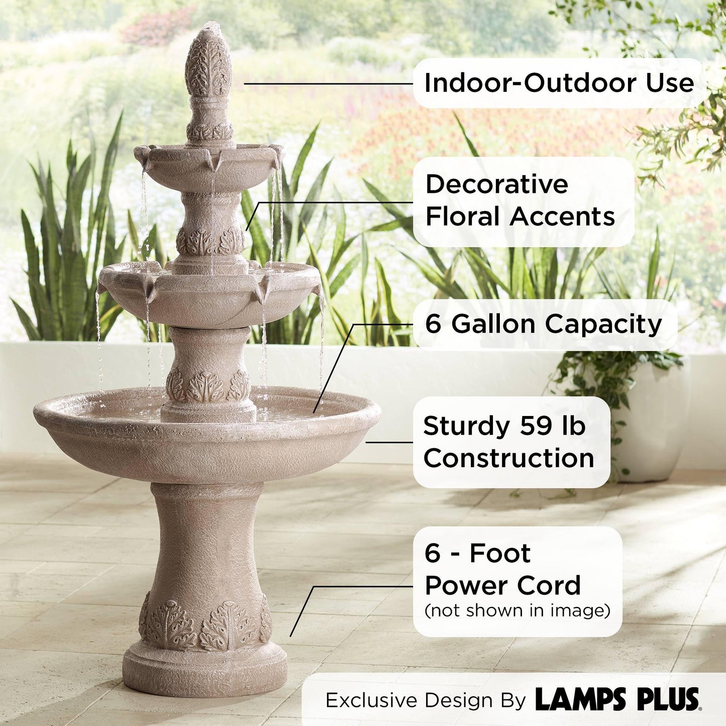 Domanico 57" High Large Italian Indoor Outdoor Decor Sand Stone Floor Fountain Waterfall 3-Tier Standing Basin Cascading Water Feature for Outside Garden Patio Yard Backyard Porch - John Timberland