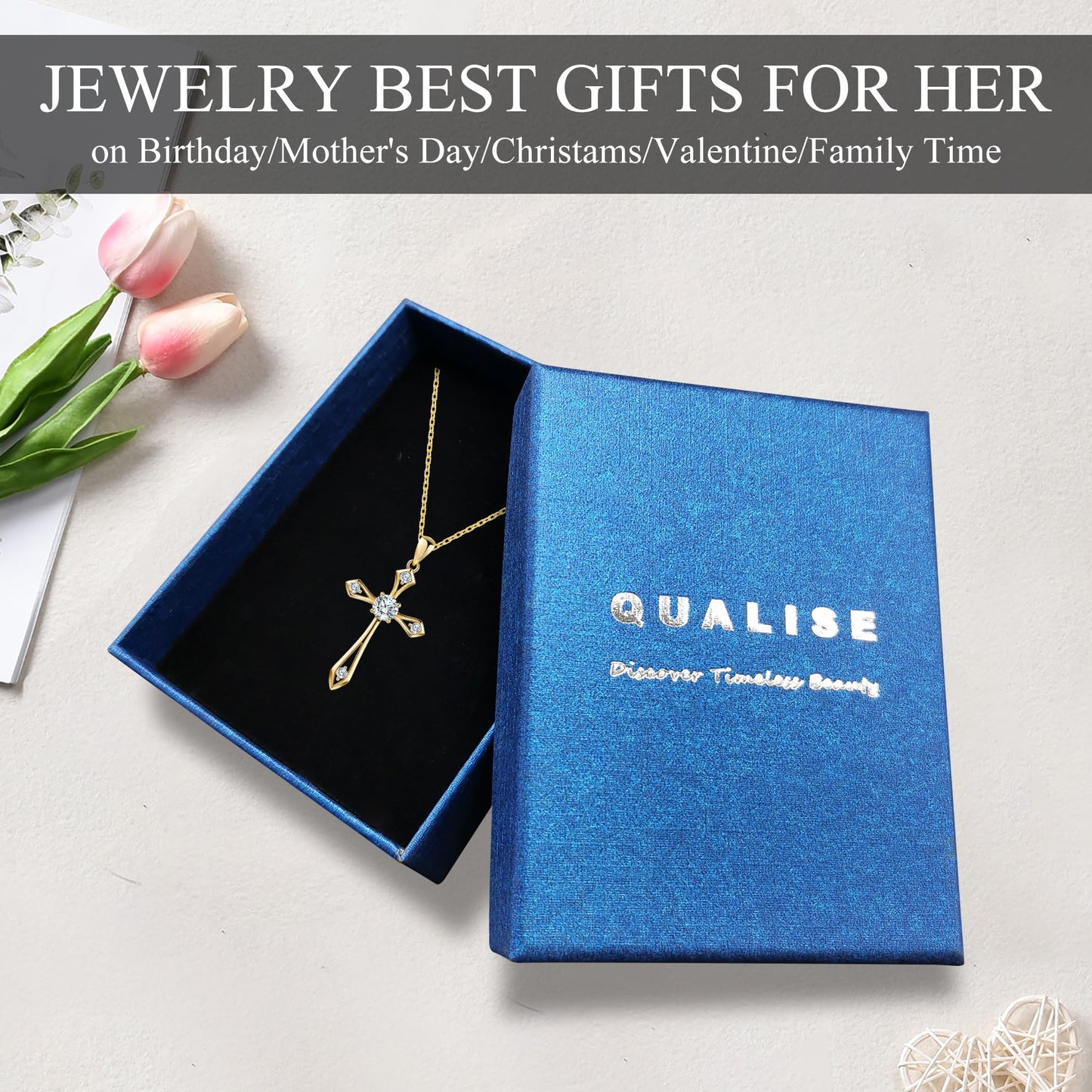 14K Gold Plated Solid Cross Necklace for Women,925 Sterling Silver Ladies Faith Cross Birthstone Pendant Christian Religious Confirmation Baptism Everyday Jewelry Anniversary Birthday Gifts for Her