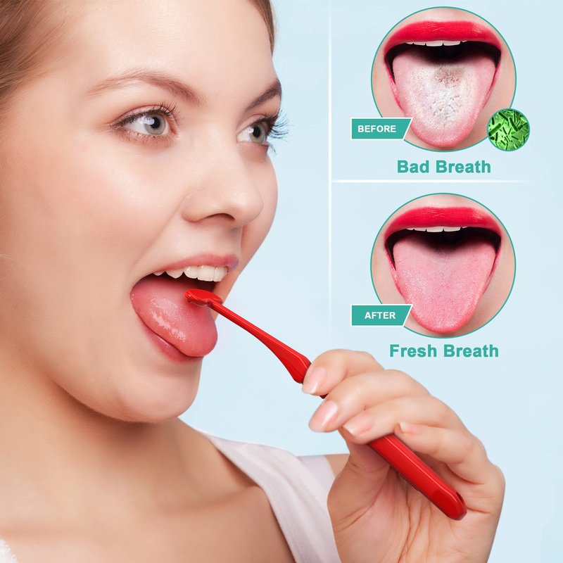 Mspan Tongue Scraper Cleaner for Adults: Tongue Brush Cleaning Scrubber with Plastic Travel Case Cap - Clean Bad Breath Dental Oral Care Red Purple 2 Pack