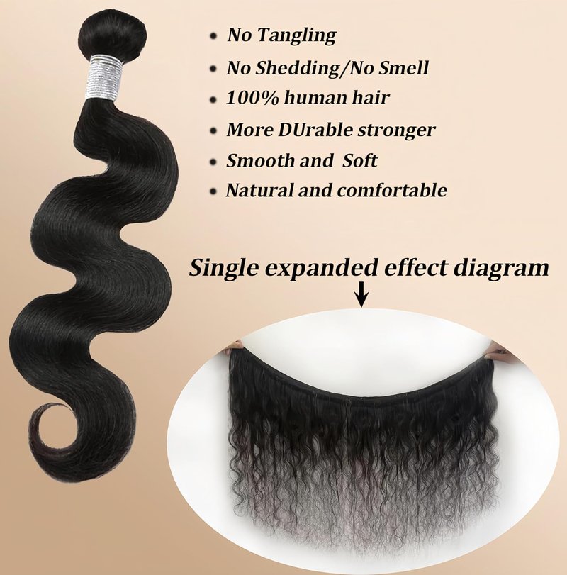 Body Wave Bundles - 24 Inch Natural Black Human Hair, Unprocessed Brazilian, Soft Double Weft Extensions