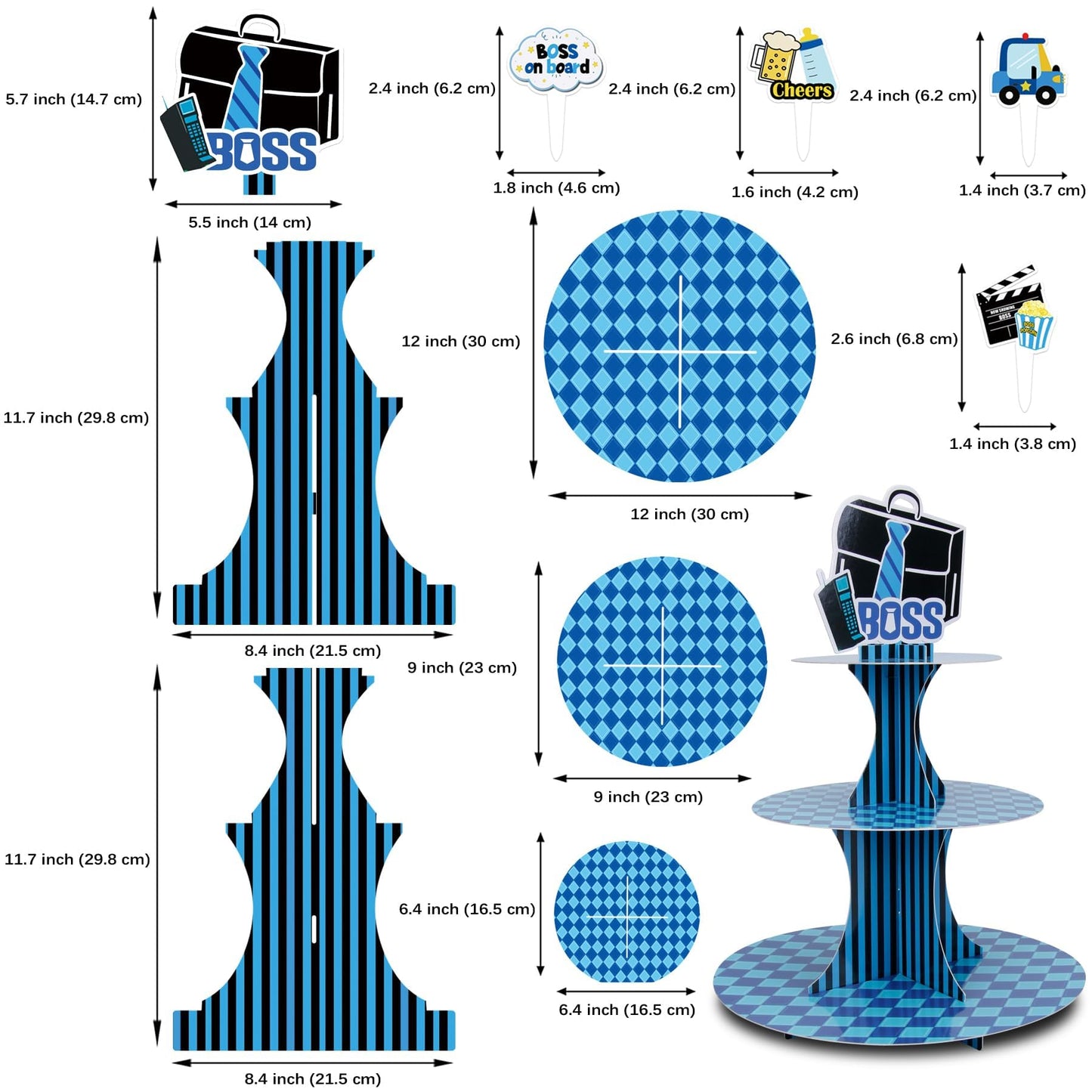 HAPPARTY Blue Black BOSS Theme 3-Tier Cupcake Stand 1PCS with 16PCS Cupcake Toppers, for Little Gentleman 1st 2nd Birthday Baby Shower Table Centerpiece Decorations