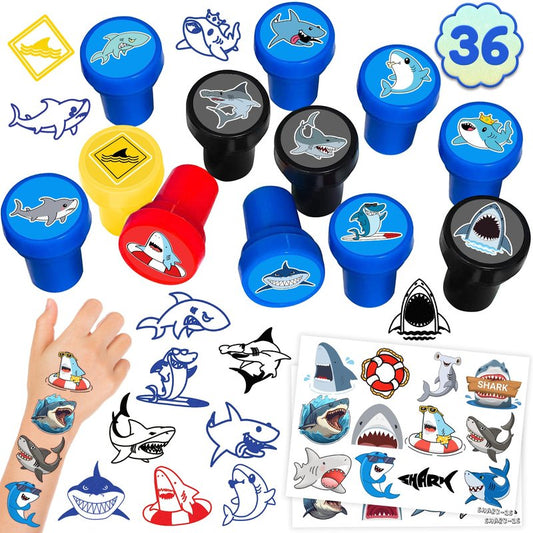 INKSOMOBA 36PCS Shark Party Favors - 24PCS Temporary Tattoos & 12PCS Stamps - Ideal Beach Ocean Animal Themed Birthday Card Decorations Supplies Goodie Bag Cute Rewards for Boys Girls Classroom Gifts
