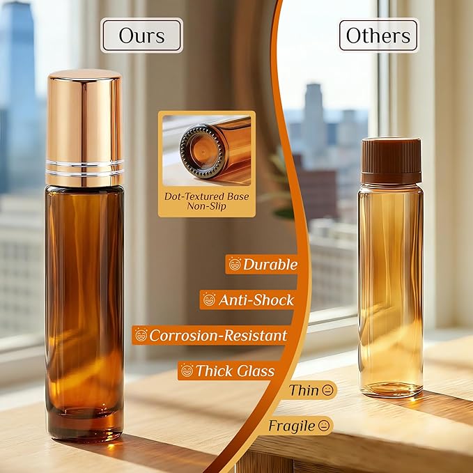 PrettyCare 24 Pack, 10 ml Essential Oil Roller Bottles with Stainless Steel Roller Ball - Refillable Leak-proof Empty Thick Amber Glass Roll on Bottles with Metal Caps for Travel, Perfume