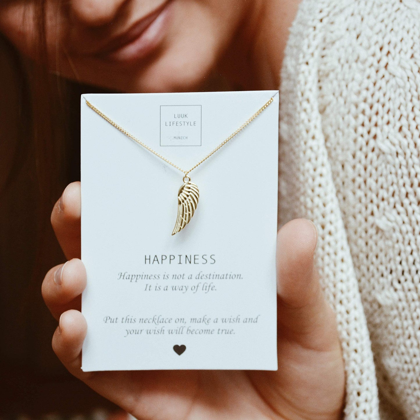LUUK LIFESTYLE Necklace with angel wings pendant and HAPPINESS gift card, 925 sterling silver, fashion jewelry for everyday life, beach, water resistant, trendy boho design, 19” chain length, gold