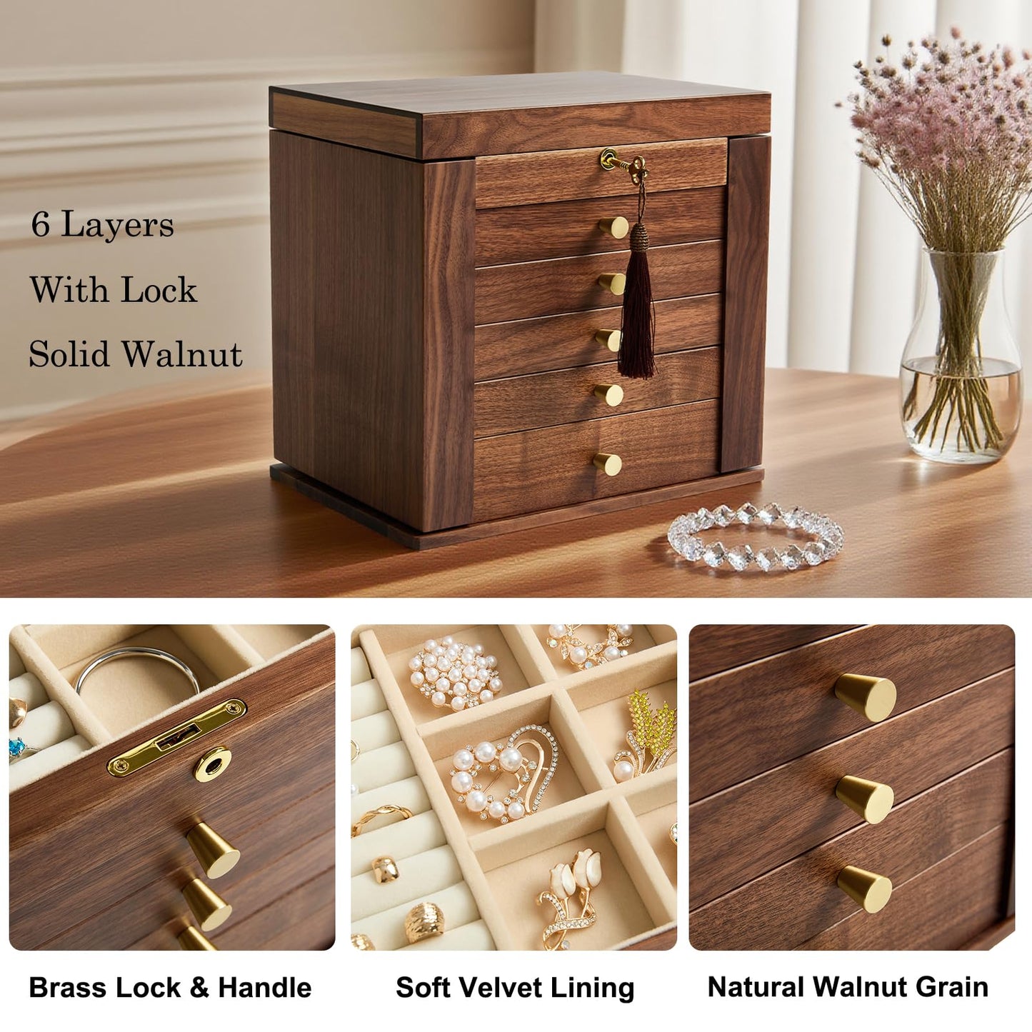 YANSHING 6-Layer Black Walnut Wooden Jewelry Box with Lock and Key, Large Luxury Jewelry Organizer Box for Women, Ideal Christmas Gift for Wife, Mom or Her, Earring & Necklace Storage with Ring Trays