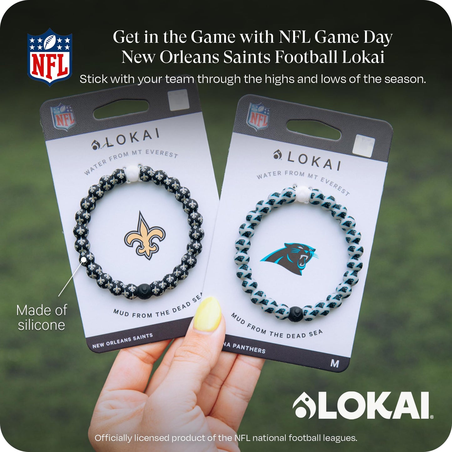 Lokai Silicone Beaded Bracelet for Men & Women, NFL Football Collection - New Orleans Saints, Logo, Medium - Silicone Jewelry Fashion Bracelet Slides-On for Comfortable Fit