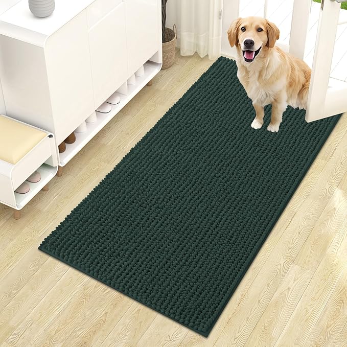 OLANLY Dog Door Mat for Muddy Paws 44x24, Ultra Absorbent Chenille Mud Doormat, Non-Slip Washable and Dirt Trapping Doormat for Indoor Entryway, Quick-Dry Indoor Pet Bed Mats for Dogs, Blackish Green