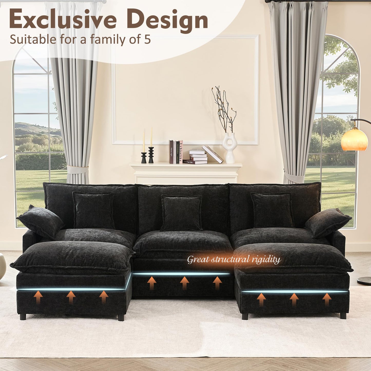 GOSUHI 108" U Shaped Couch, Modular Sectional Sofa, 3-Seater Comfy Cloud Couch, Set of Modular Pieces with Movable Ottoman, Deep Seat Couches for Living Room, Chenille, Black
