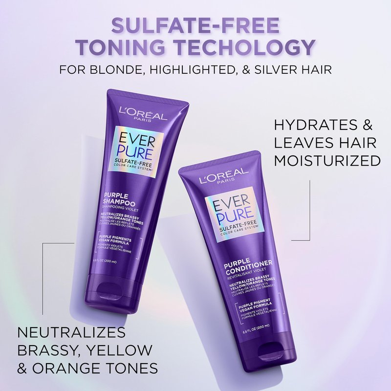 L'Oreal Paris EverPure Purple Shampoo and Conditioner Set, Sulfate-Free Brass Toning for Blonde, Bleached, Highlighted, Silver or Gray Color-Treated Hair, 6.8 Fl Oz, Pack of 6