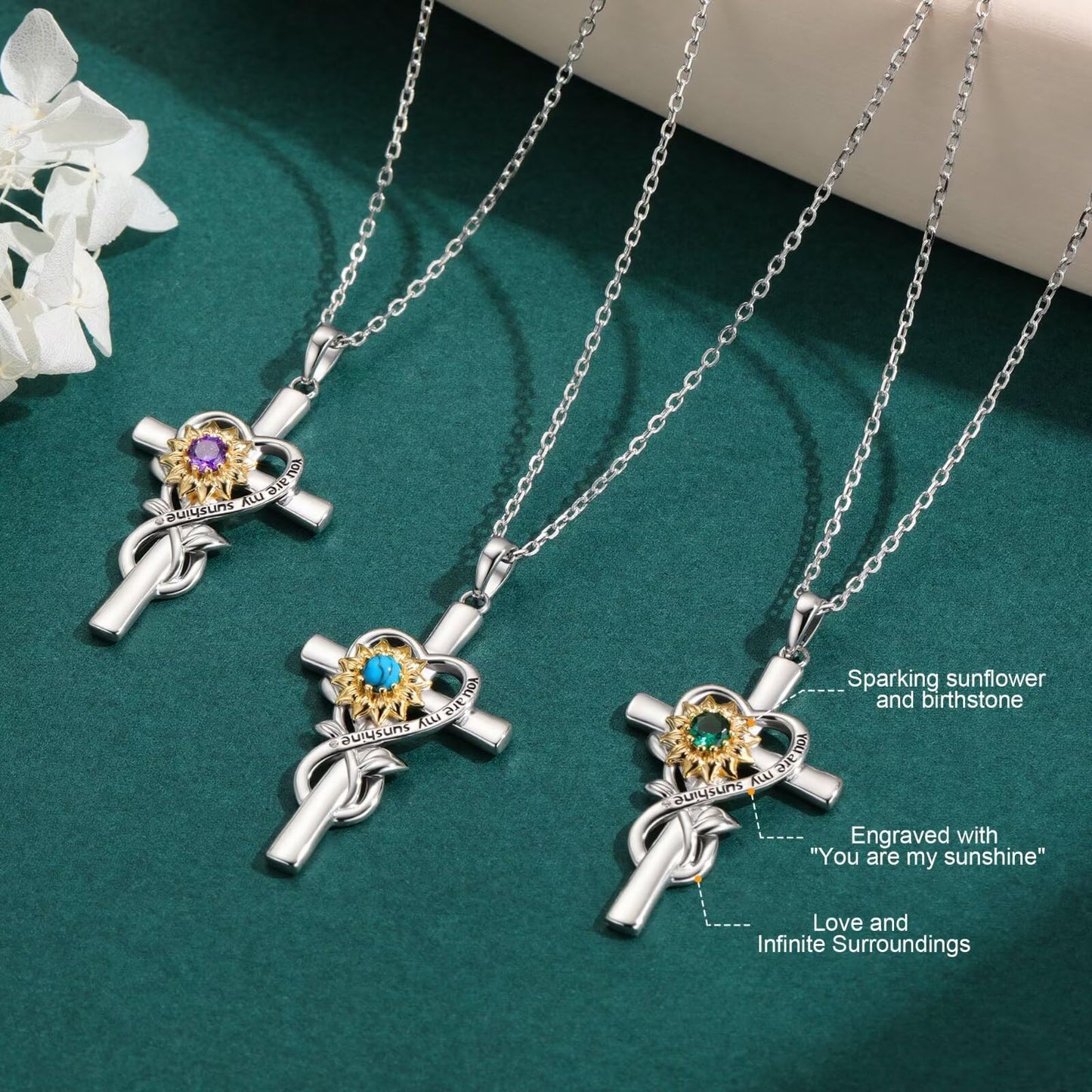 Iefil Valentines Necklace for Her - Jewelry Gifts | February Simulated Amethyst Jewelry, Sunflower Cross Necklace