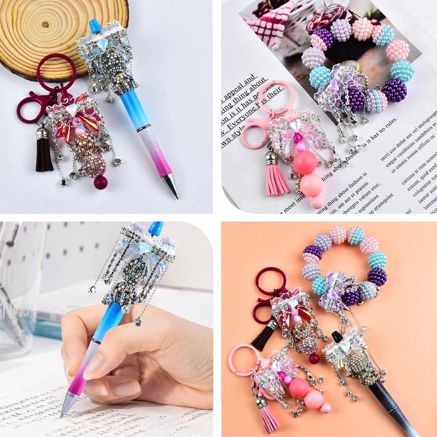 6Pcs White Lace Bow Rhinestone Acrylic Tassel Focal Beads for Pens Colorful 3D Bow Spacer Beads for DIY Craft Beadable Pens Jewelry Bracelet Necklace Earrings Keychain Making