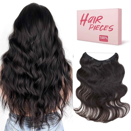Benehair Miracle Wire Hair Extension for Women Real Human Wavy Invisible Wire Adjustable Natural Black Hair Extension 16inch for Thinning Hair #1B