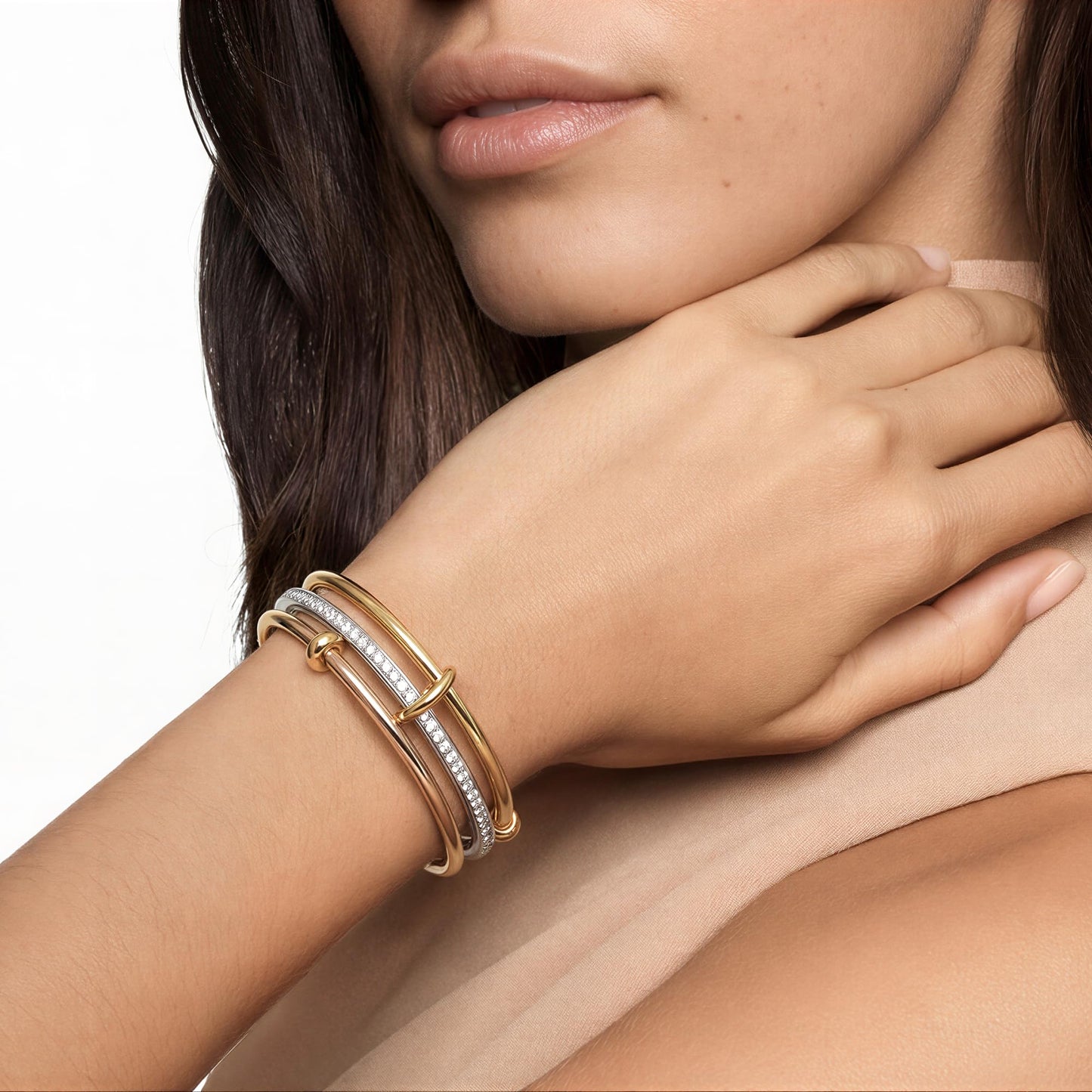Musishiyu Gold Bracelets for Women Stacking Bangle - 18K Mixed Metal Tri-Color Rolling Interlocking Bands, Cubic Zirconia Fidget Anxiety Jewelry, Perfect Gifts for Mom Wife Grandma