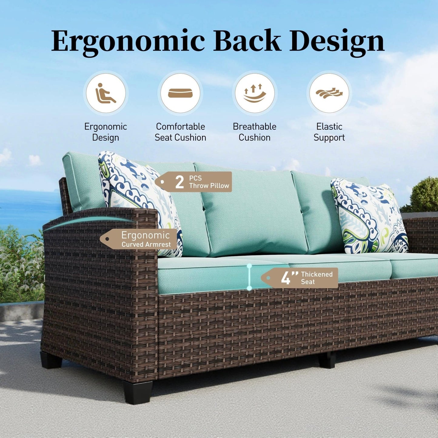 SUNSHINE VALLEY L-Shaped Outdoor Furniture Set, 5-Seat Couch with 2 Ottomans, Durable Rattan Sofa for Small Patios, Modular All-Weather Use, Blue