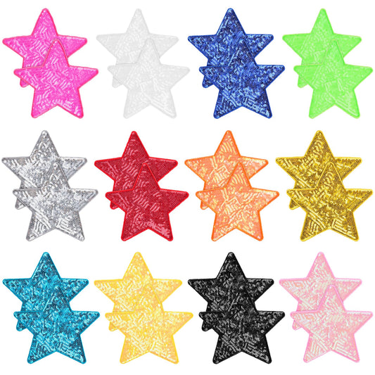Aemygo 5 Inch Sequin Star Iron on Patches, 24 Pcs Glitter Stars Patches Embroidery Sequin Patches for Clothing, Jacket, Backpacks, Costume Decorations (12 Colors)
