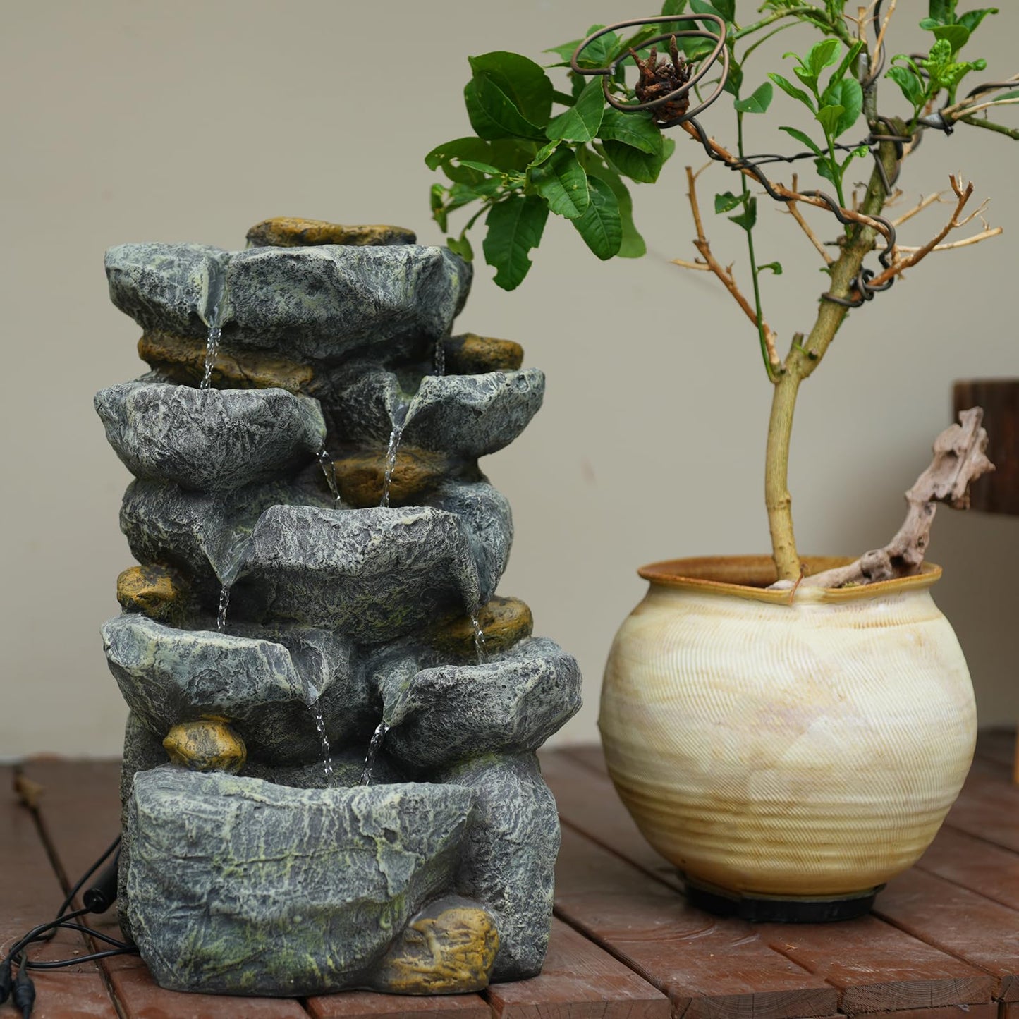 KAISOKU Solar Water Fountain Outdoor Garden, 24" H Cascading Stone Design 5 Tier Rock Feature Outdoor Fountains Waterfalls with Light, Pump Solar Panel for Patio, Deck, Porch, Backyard Home Décor
