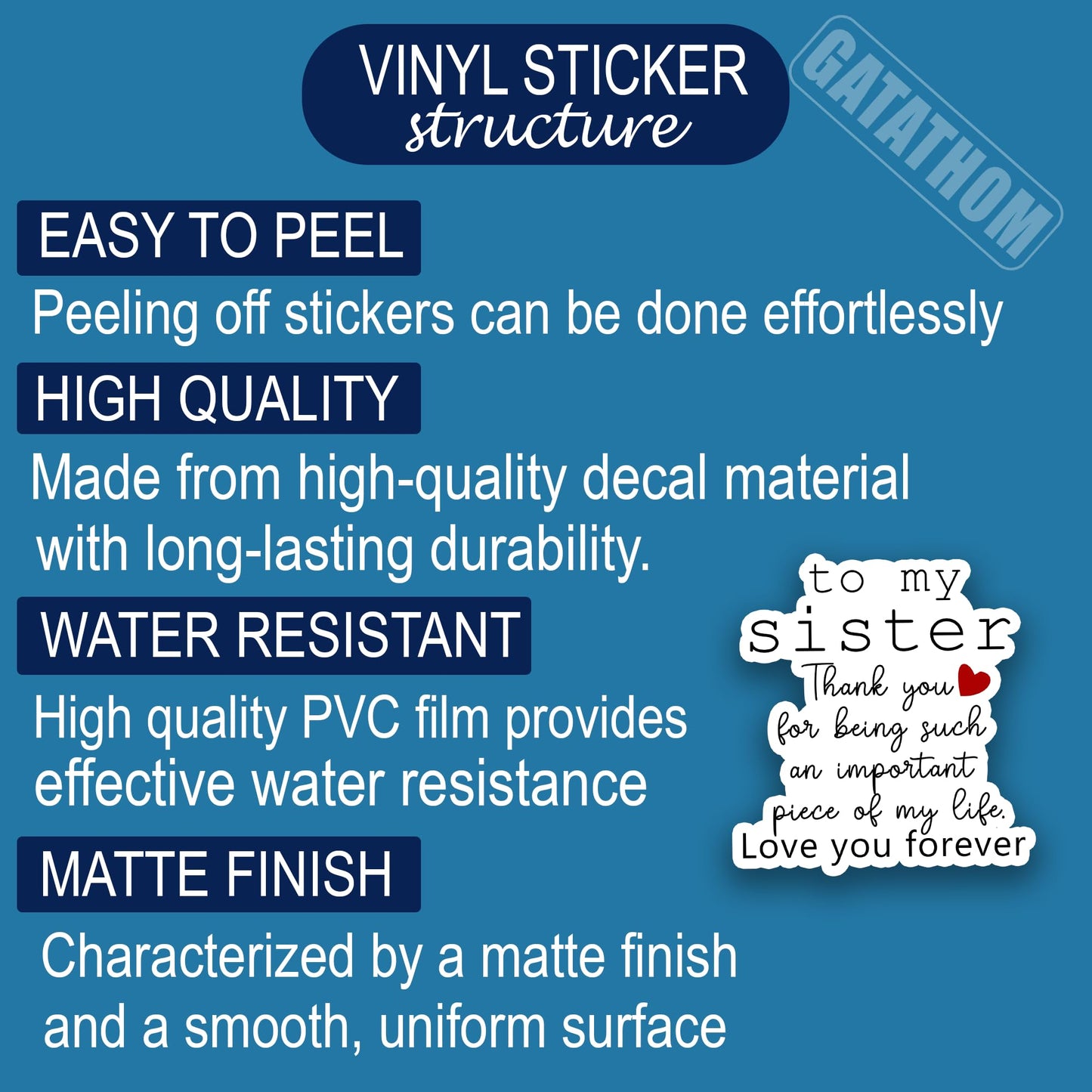 (3Pcs) to My Sister Thank You Sticker – Sister Appreciation Quote Vinyl Decals, Meaningful Family Love Gifts for Birthday Wedding Graduation, Laptop, Water Bottle, Scrapbook, Waterproof 3" x 2.9''