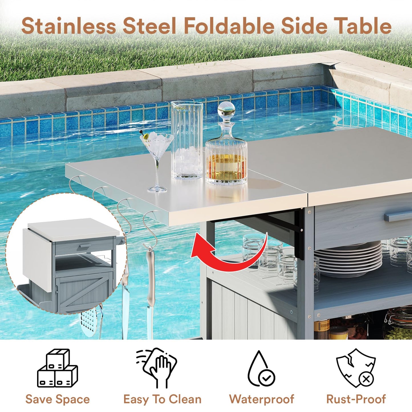 Zevemomo Outdoor Grill Cart with Drop Leaf, Stainless Steel Tabletop Outdoor Kitchen Island, Solid Wood Outdoor Buffet Cabinet with Drawer, Towel Rack, Lockable Wheels for Grilling, Gray-Blue