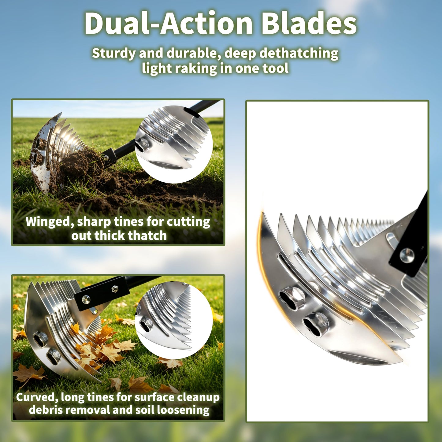 Dethatcher Rake 15-Inch Lawn Thatching Rake,19-Tine Heavy-Duty Steel Dethatching Rake with Adjustable Head&Long Handle,Durable Thatch Rake for Removing Dead Grass,Moss&Lawn Debris