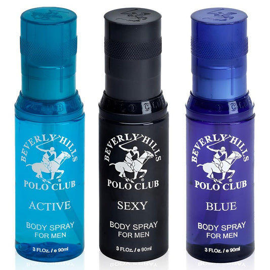 Beverly Hills Polo Club Men's Signature Body Spray Collection | 3-Piece Set: Blue, Active, Sexy | Versatile Fragrances for Every Occasion | Travel-Friendly 3 fl oz Each | Premium Grooming Gift for Him