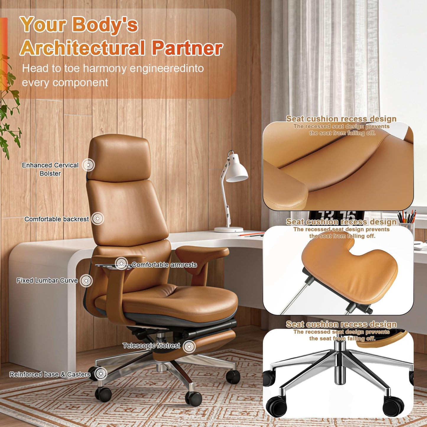 FurniBaron Genuine Leather Office Chair with Flexible Footrest, High Back Executive Office Chair with Lumbar Support, Adjustable Tilt Mechanism, Weight Capacity 400 lbs (Brown)