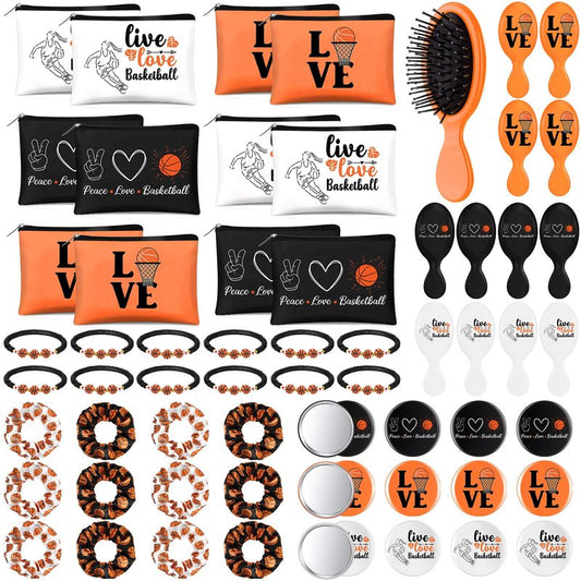 Baderke 60 Pcs Basketball Team Gifts for Women Basketball Party Favors Include Cosmetic Bags Makeup Mirror Hair Scrunchies Detangler Brush Bracelets for Women Players Sports Team Accessories