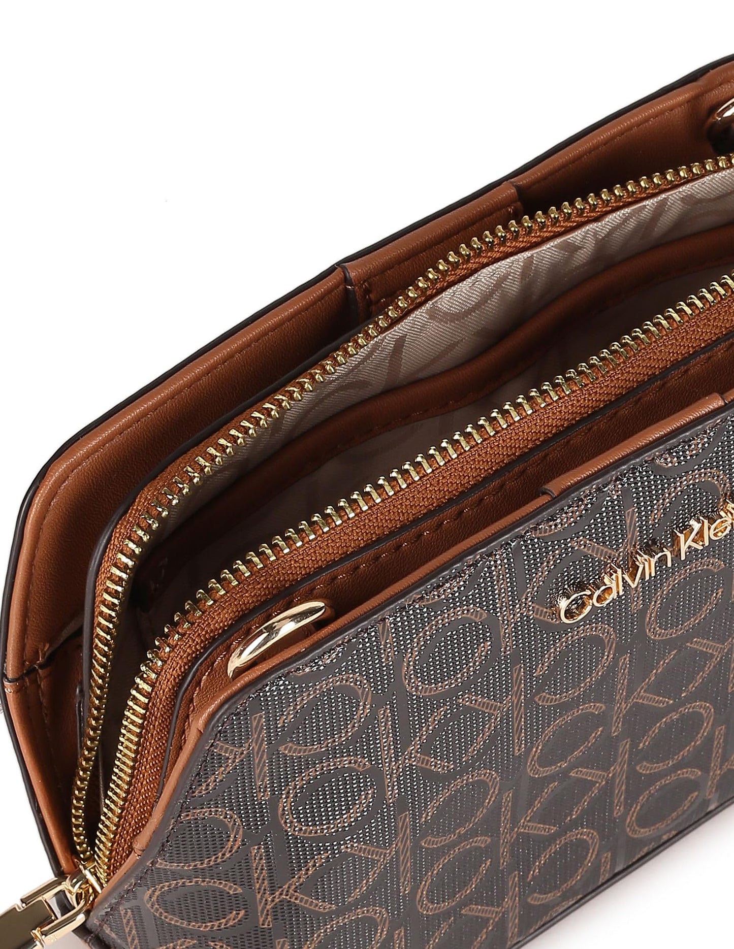 Calvin Klein Women's Hailey Signature Triple Compartment Chain Crossbody, Brown/Khaki/Caramel Linear, One Size