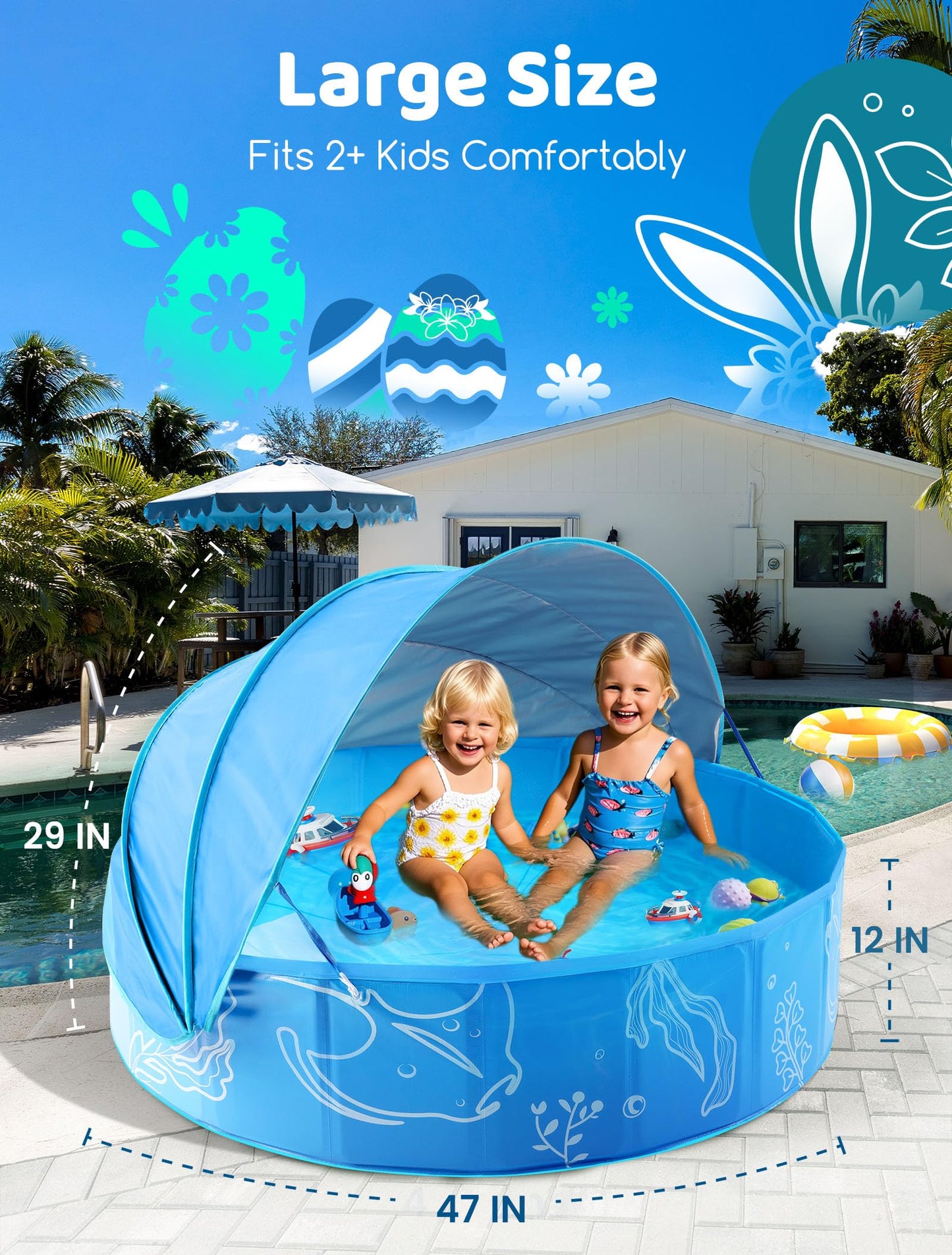 Hikiddy Foldable Kiddie Pool with Canopy: 31.5in/ 47in /63in for Baby Toddler Kids Family - Summer Water Play Pool with Shade - Portable for Outdoor Backyard Beach (Blue-Blue, 47in)