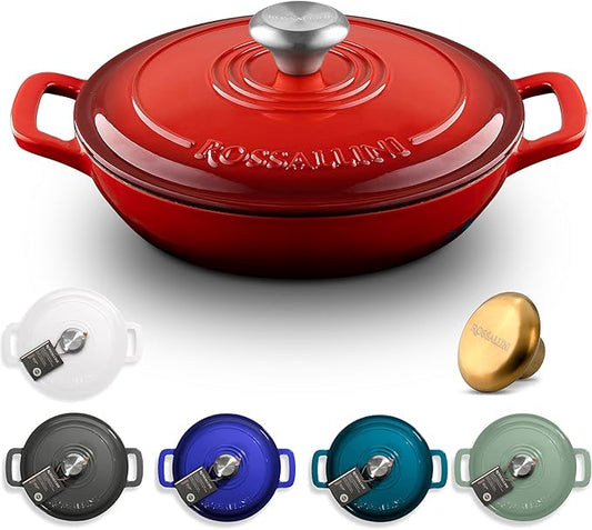 ROSSALLINI Signature Enameled Cast Iron Braiser, Non-Stick Serving Pot with Tight Fitting Lid for Perfect Roasting, Baking, Sauteing, Searing, and Pan Frying | 2.25Q (2.1L) - Red
