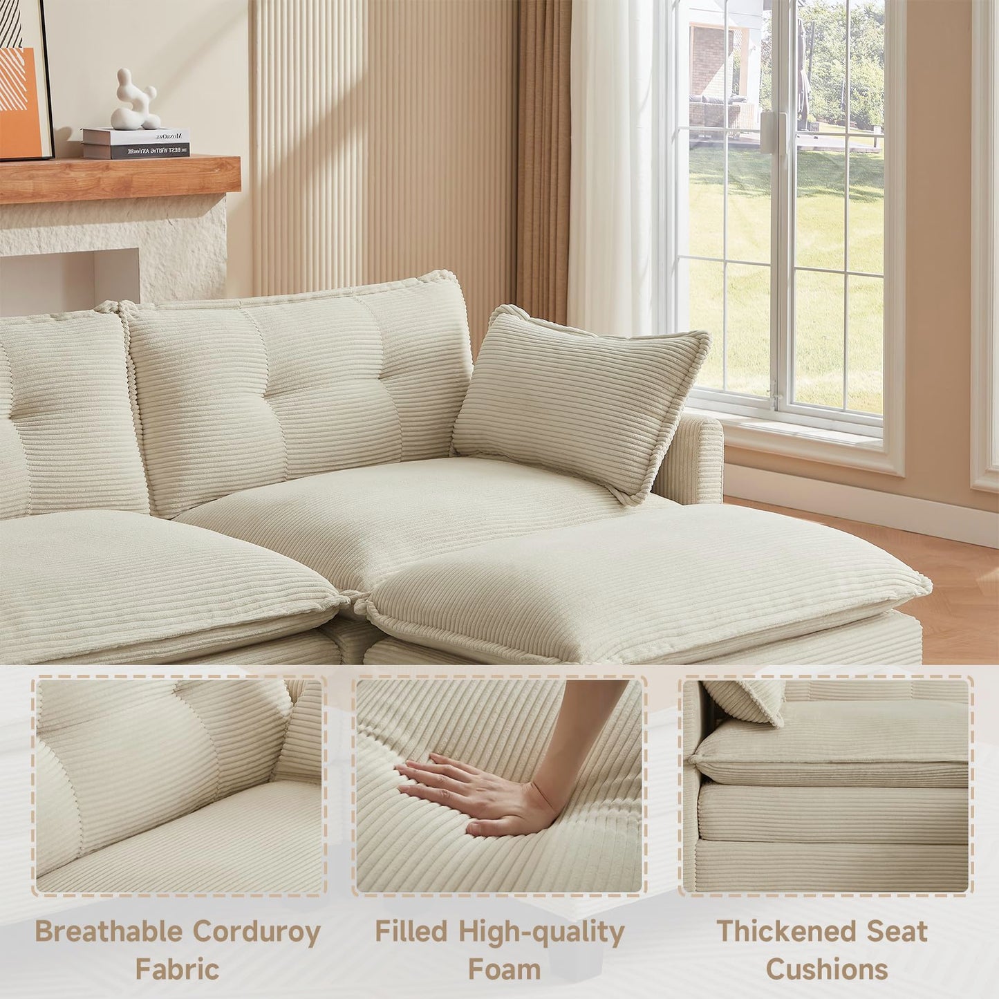 Amsleekey Modular Sectional Sofa, 111.5" U-Shaped Corduroy Comfy Sectional Couches for Living Room, 3-Seater Cloud Couches with 2 Movable Ottomans, Flexible Combination Modern Deep Seat Sofa (Beige)