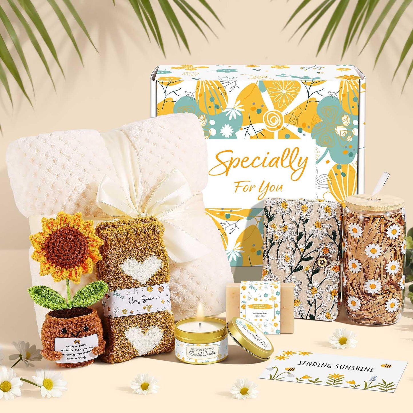 Self Care Gifts for Women Gift Baskets，Sending Sunshine Thinking of You Care Package Spa Gift Sets, Birthday Christmas Gifts for Women Best Friends Mom Sister Wife Grandma Her - Ivory