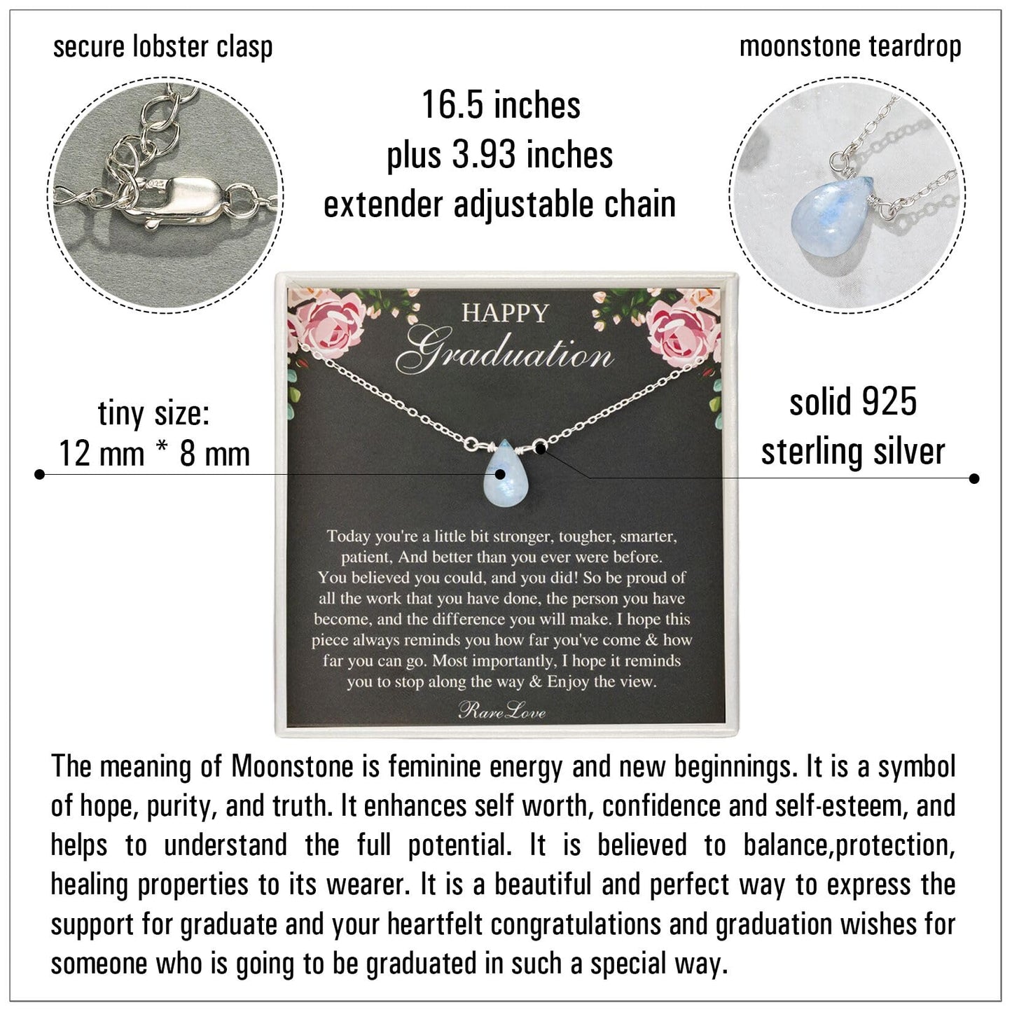 RareLove 2026 Graduation Gifts for Her Happy Graduation Moonstone Necklace Unique Graduation Jewelry 925 Sterling Silver Teardrop Pendant Necklace for Women College Graduation Gifts