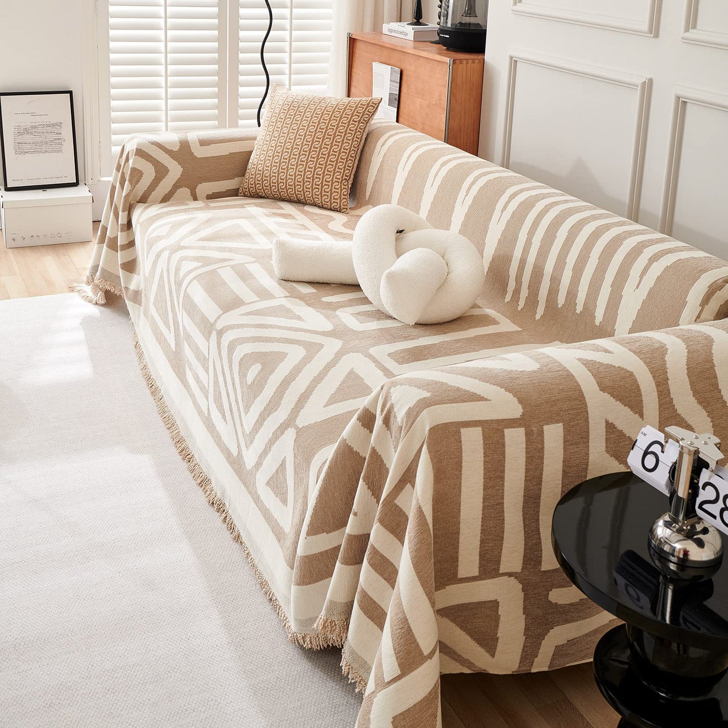 VClife Boho Couch Covers for Sofa Aztec Geometric Patterned Couch Slipcover for Dog, Non Slip Washable Sectional Sofa Cover for 2 Cushion Couch Heavy Duty Furniture Slip Covers, Beige, 71''x118''
