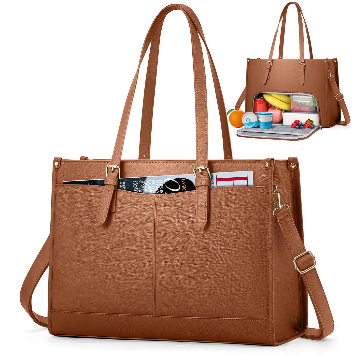 RAINSMORE Lunch Tote Bag for Women 15.6 Inch Laptop Bags with Insulated Lunch Compartment Large Leather Quilted Computer Tote for Teacher Nurse Work Collage Casual Brown