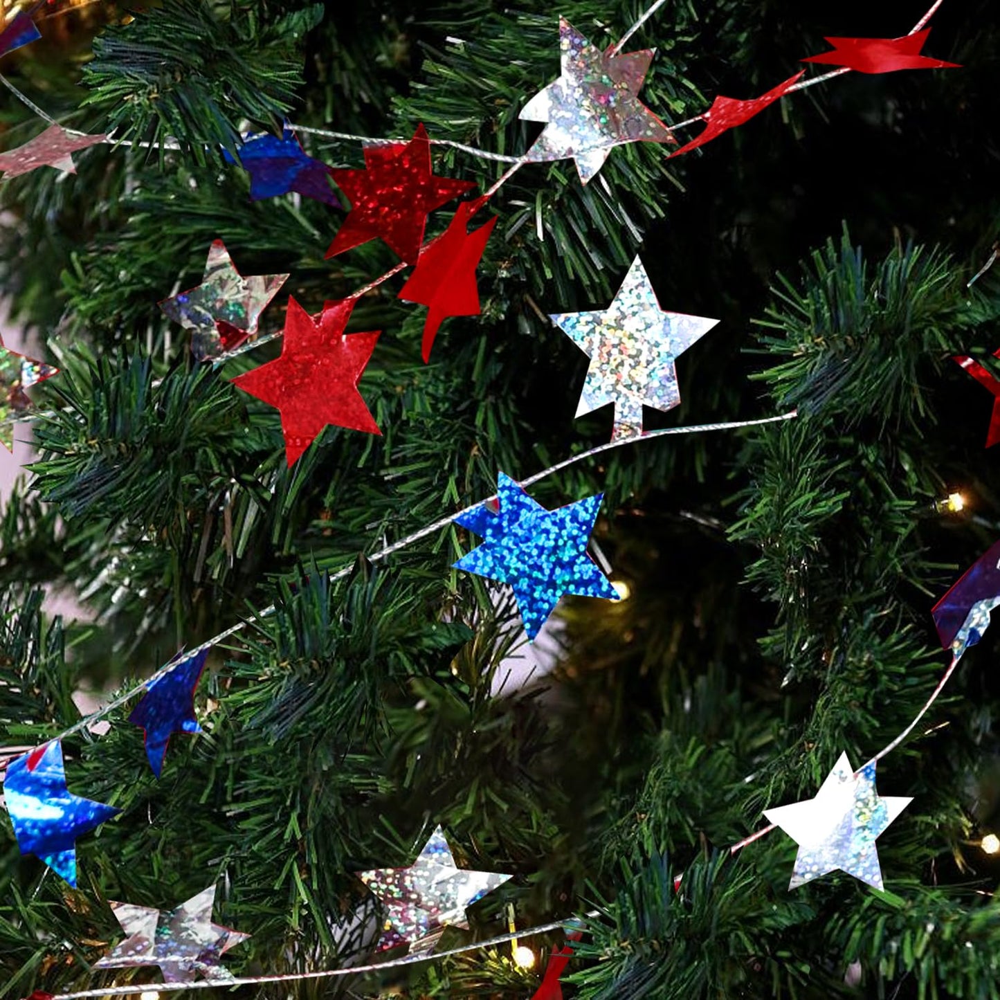2 Rolls Patriotic Wire Star Garland, Red Blue Silver Star Tinsel Garlands with Wire, Fourth of July Party Decor, Independence Day Birthday Party Festive Ornament