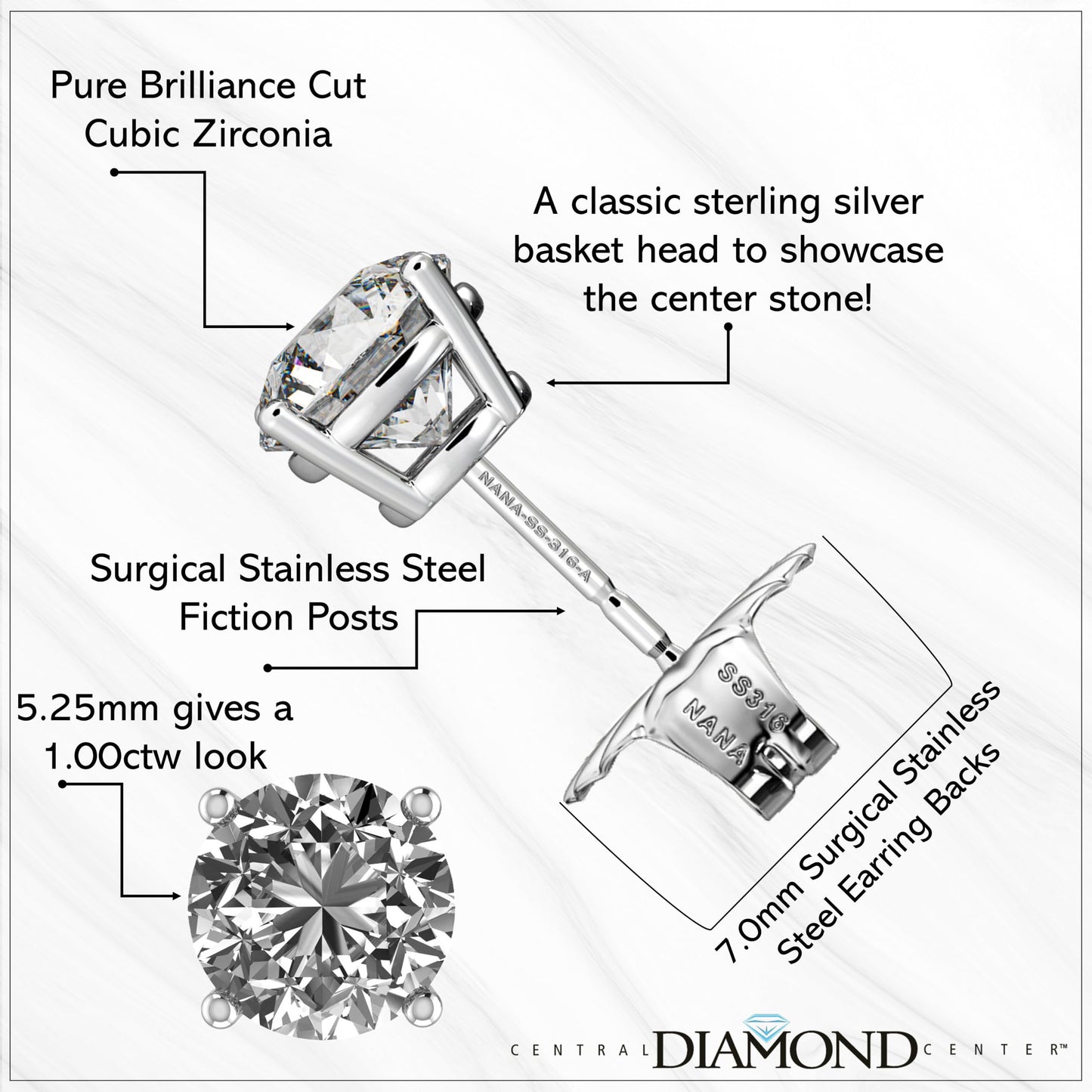 Central Diamond Center Round Simulated Diamond Stud Earrings Hypoallergenic Metal & Sterling Silver CZ - 5.25mm (1.00cttw) Rose