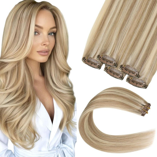 MEI YUAN LIN Clip in Hair Extensions Real Human Hair 5pcs 30g 20inch Single Clip Design for Flexible Wearing Remy hair extensions Light Blonde Highlighted Golden Blonde Easy to Apply & Remove