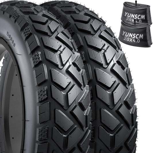 2-PCS 20" Heavy Duty Fat E-Bike Tires 20 x 4.0/102-406 and 2-PCS Bike Tubes 20x4.0 Scharder Valve Compatible with 20x4.0 E-Bike All-Terrain Directional Tread Bicycle Tires and Tubes (Y-021)