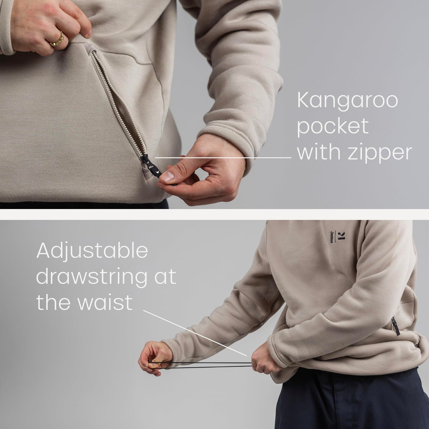 Janus Wool Kleveland Merino Hoodie - 100% Wool Fleece Sweatshirt - Men, Women, Teens - Warm Winter Snowboarding Pullover - Brushed Interior - Adjustable Hem - Kangaroo Pocket - Large Beige