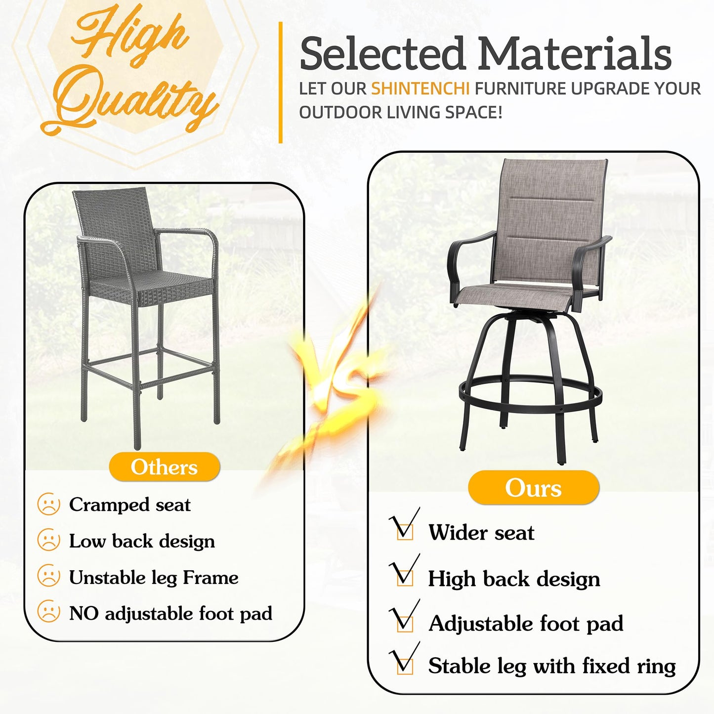 Shintenchi 2 Piece Patio Swivel Bar Chairs, All Weather Padded Textile Outdoor Metal Bar Stools Patio Chairs Set of 2, High Top Bistro Set Furniture for Balcony, Backyard, Lawn Garden, Deck, Taupe