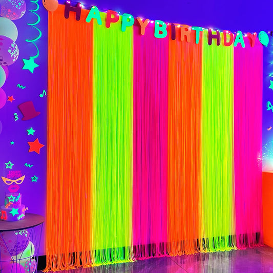 Aduck Glow in The Dark Party Supplies, Neon Party Decorations Foil Fringe Curtains with Tinsel Backdrop(2-Pack), Fluorescent Yellow/Orange/Pink Streamers for Photo Booth Birthday Decorations-6.6x6.6ft